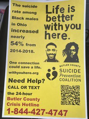 African American males commit suicide at a higher percentage than all other categories. Butler County reflects this finding. 800-273-8255