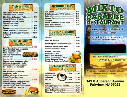 Mixto Paradise Restaurant • Menu Front