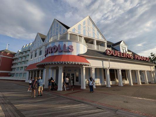 Front of the building on the boardwalk.