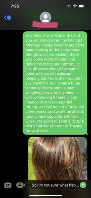 Convo with stylist and picture of hair