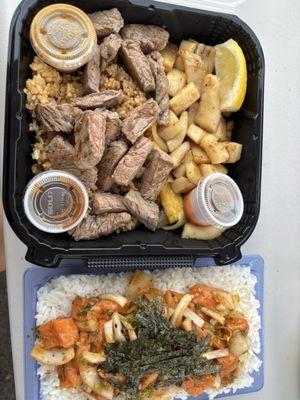 Steak/ calamari plate, salmon poke