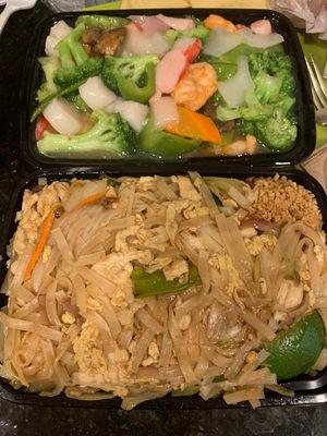 Chicken pad thai and seafood combination