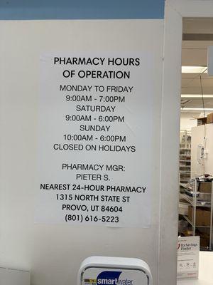 Newest hours posted: Monday through Friday 9-7  Saturday 9-6,  Sunday 10-6 Closed holidays