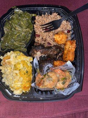 Sampler Jerk Wings Garlic Butter Shrimp Mac & Cheese Rice and Peas Salmon Bites Collard Greens