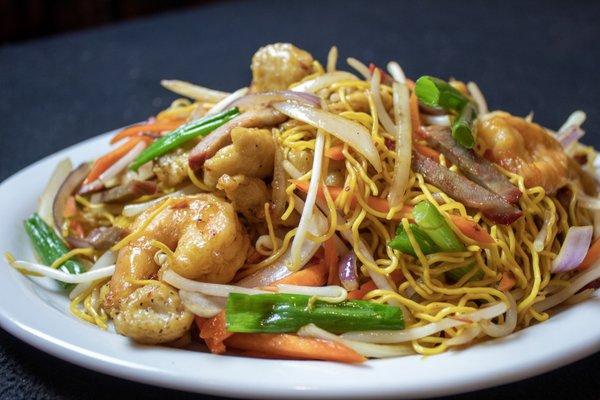House Chow Mein with bbq pork, shrimp, and chicken.