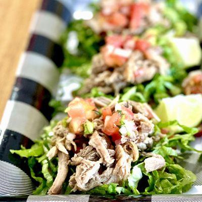 Loaded tostones, with pork - but you can select chicken or seasoned veggies as well.
