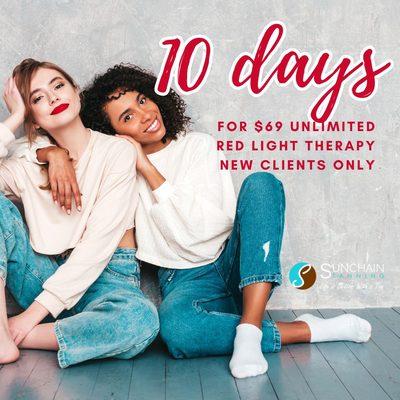 New to Sunchain? Experience the rejuvenating power of Red Light Therapy with our 10-day special for just $69. Restore, refresh, and glow!