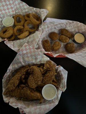onion rings, jalapeño poppers and chicken strips