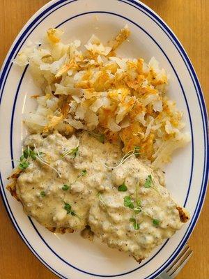Biscuits and gravy with hashbrowns