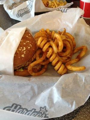 BBQ turkey burger with curly fries