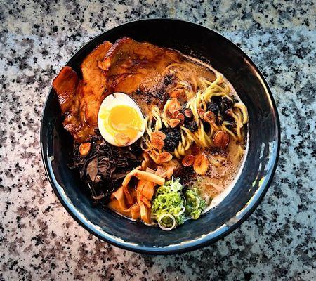 The Black Sabbath Ramen with black garlic oil and fried garlic!