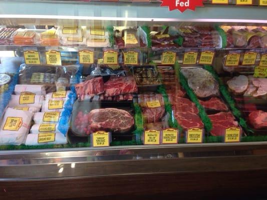 Ground Buffalo, ground beef, sausage, steak all grass fed. Plus fresh from the sea halibut, cod, salmon, and king crab legs.