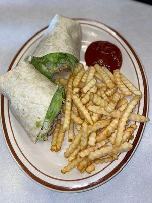 Chicken bacon ranch wrap with fries