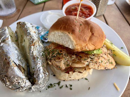Chicken sandwich sub baked potato.