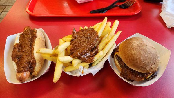 Dog, cheeseburger, fries just sauce