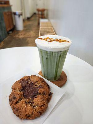 Chocolate Chunk Cookie (front) & Iced Honeycomb Matcha (back)