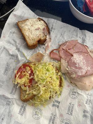 Dry bread and all ingredients on one side.