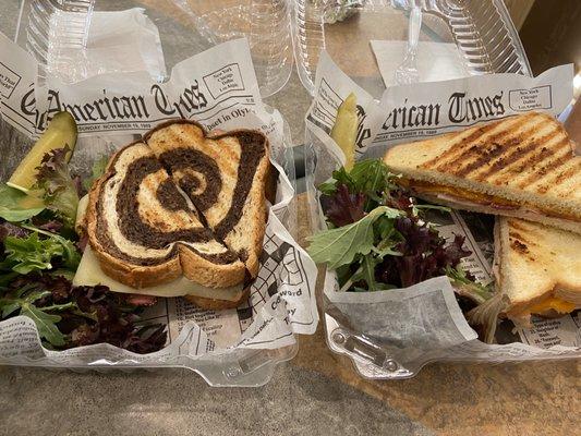 Pastrami Melt Sandwich and Turkey Club Sandwich