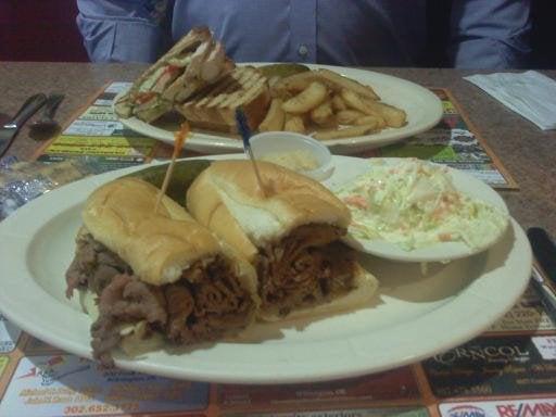 French dip and a chicken panini w/ skin-on steak fries. Nom!