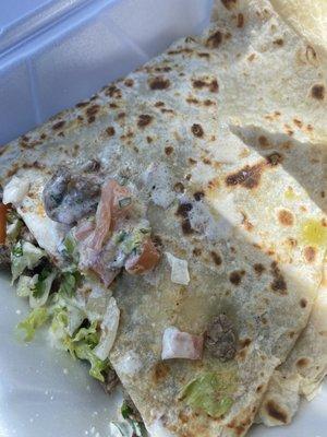 Carne asada quesadilla (with added pico, sour cream and lettuce)
