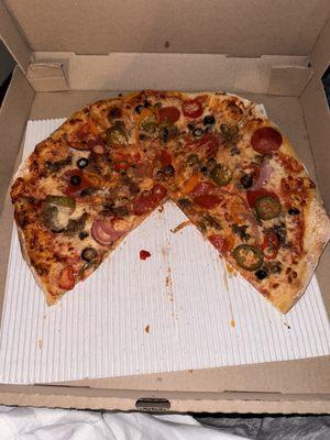 Supreme pizza with jalapeño added. So good!