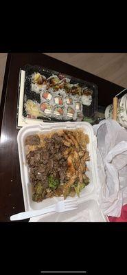 Hibachi chicken & hibachi steak w/ fried rice and veggies philadelphia roll