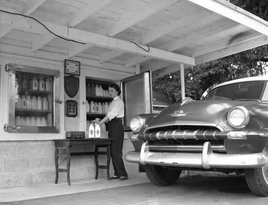 Old drive up milk store at the dairy. Can see the pneumatic driveway bell line in the rafters. Photo courtesy of Florida Memory.