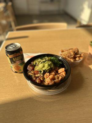 LARGE POKE BOWL with onion limu poke and salmon poke. OCEAN SALAD and PICKLE CUCUMBERS