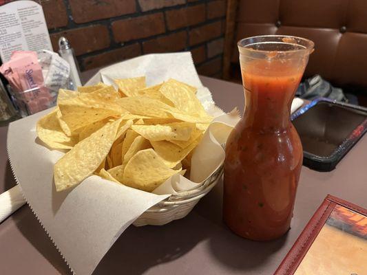 Chips and salsa, with side dishes to hold individual salsa.