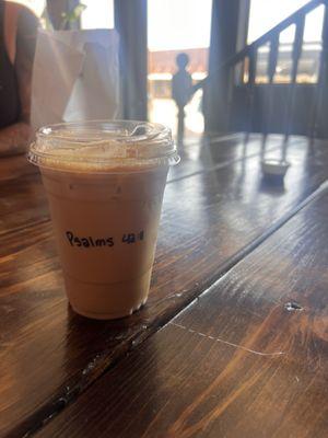 iced vanilla latte with bible verse