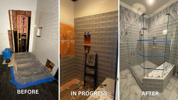 bathroom remodel after water damage from leak shower 35802
