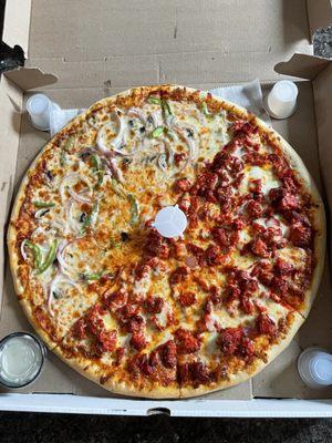 Half veggie half chicken tikka pizza