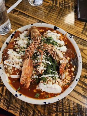 Shrimp stuffed chilaquiles