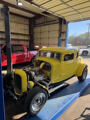 Classic car build in for a tech inspection.