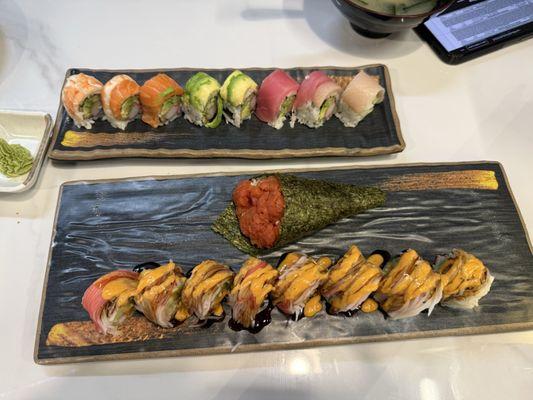Rainbow roll, spicy tuna hand roll, and a shaggy dog roll.