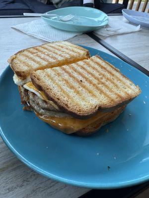 Amazing gluten-free breakfast sandwich with double the sausage! Great way to start a day!