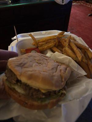Cheeseburger and spicy fries