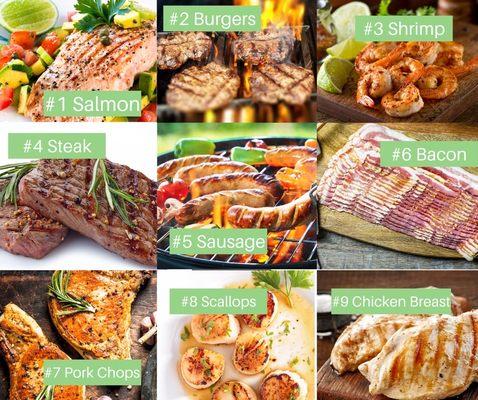 Beef, Chicken, Pork, Seafood, and Organic Vegetables