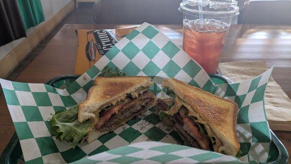 Hardwood PB+B Burger and a raspberry iced tea