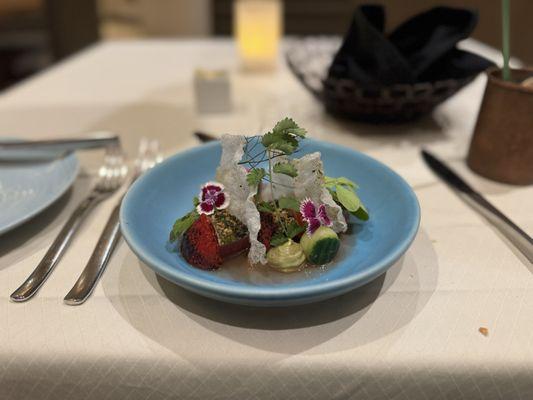 Ahi Tuna Tataki with strawberry nuoc mam