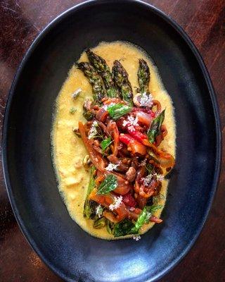 ASPARAGUS AVIAL, with coconut, pickled onions, curry leaves & pistachios, one of the outstanding seasonal dishes on our KERALA TASTING menu