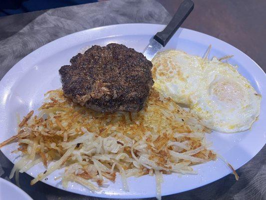 Hamburger Steak & Eggs with hashbrowns