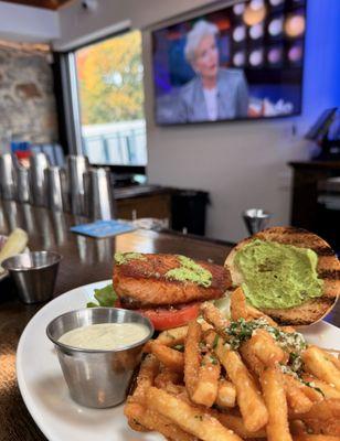 Salmon Sandwich with Truffle Fries. Enjoyable sandwich.