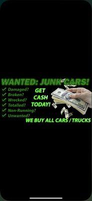 We buy cars and Junk cars we pay cash on the spot and free pick up call us now