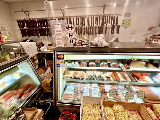 Lazlo's meat counter and the great homemade smoked links behind it.