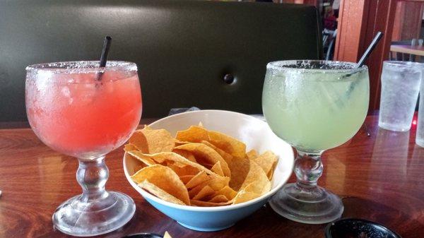 Watermelon margarita, chips, house margarita. The watermelon was awesome, and my husband enjoyed the house.
