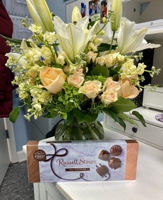 Flowers and chocolate.