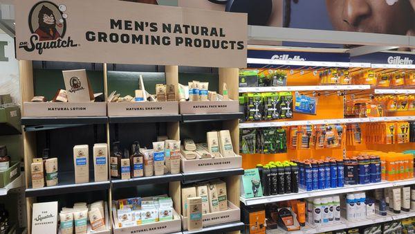 A large section of men's grooming merch