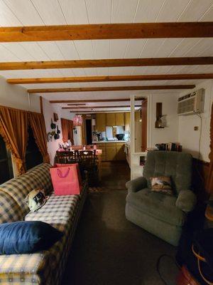 View of living room into kitchen.