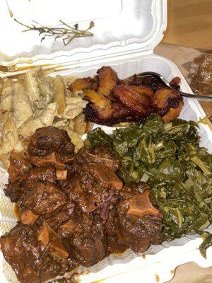 Oxtail (Large), rasta pasta, Collard Greens, Sweet Plantains